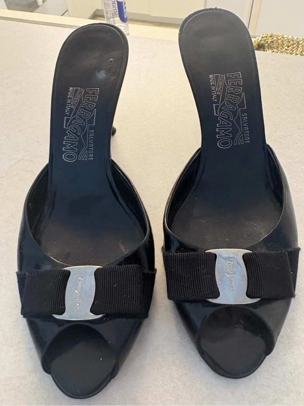 Salvatore Ferragamo Black Patent Vara Bow Open-Toe Mules